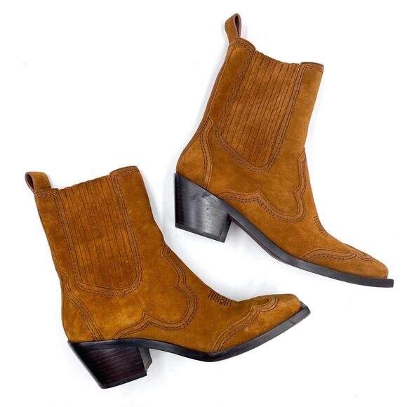 Loeffler Randall Agnes Western Boots Brown Suede Square Toe Block Heel Sz 9 - Picture 2 of 8